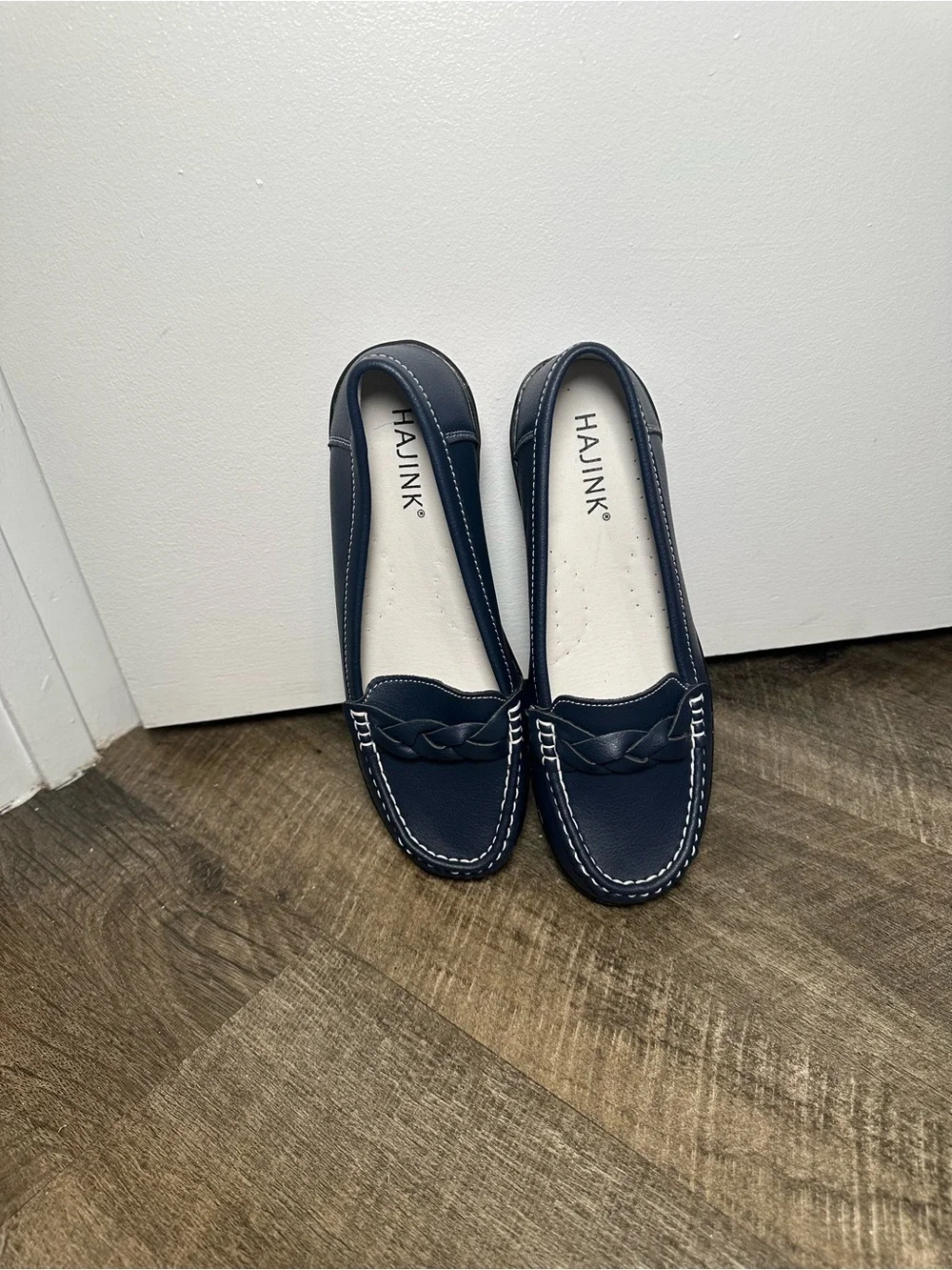 HAJINK Women’s Navy Braided Loafers Slip On Moccasin Flats Contrast Stitching